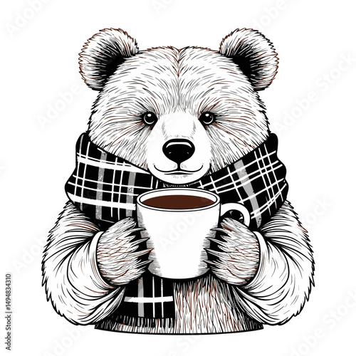 Ink drawing of bear holding coffee. Bear wearing scarf in winter. Isolated on white background.