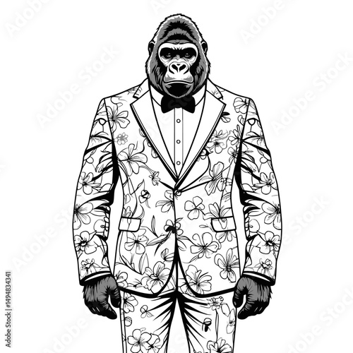 Gorilla wearing Suit with Flowers. Formal animal costume