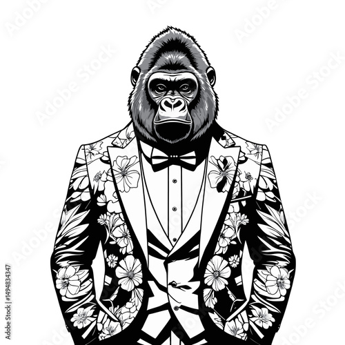 Gorilla wearing flower suit and bow tie. Monkey in jacket with floral print.