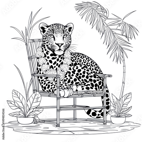 Leopard on chair with flowers line art. Exotic animal resting