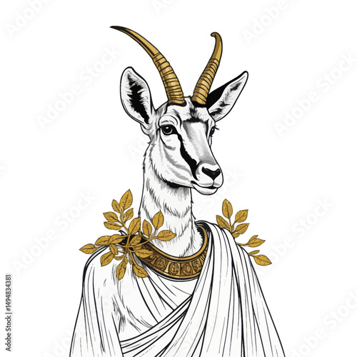 elegant Gazelle portrait in toga. golden wreath. white background.