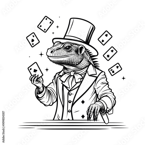 Lizard in top hat playing cards. Reptilian gambler in suit holding poker card illustration