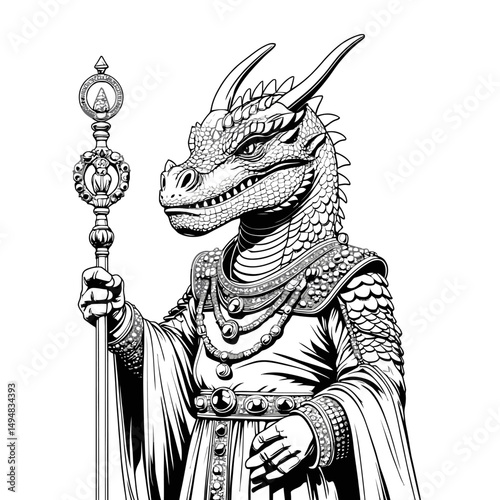 Fantasy dragon king illustration. Reptilian humanoid holding royal scepter. Black and white sketch drawing