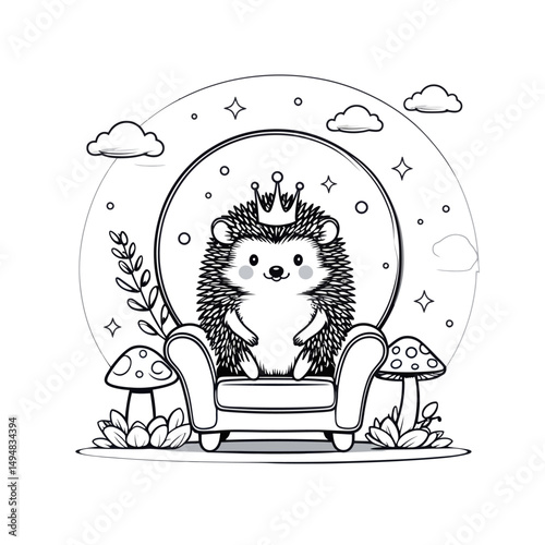 Cute Hedgehog King Sitting on Throne. Hand drawn illustration of pet in crown