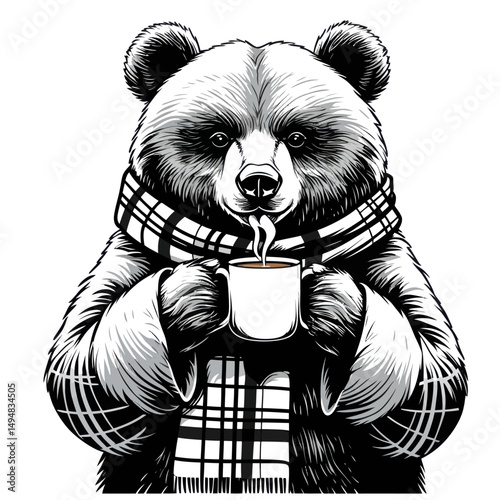 Ink drawing bear holding mug. Animal wearing scarf.