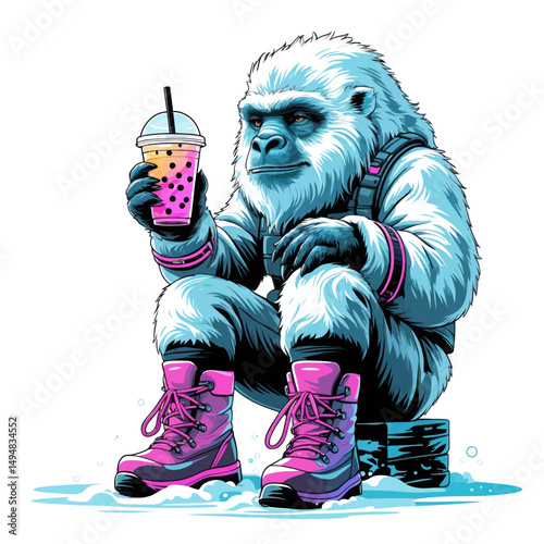 Yeti sitting with bubble tea. Cartoon illustration of bigfoot character with drink in snowy background.