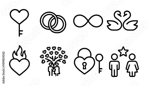 Love and romance outline icons set – linear, heart, wedding and passion symbols