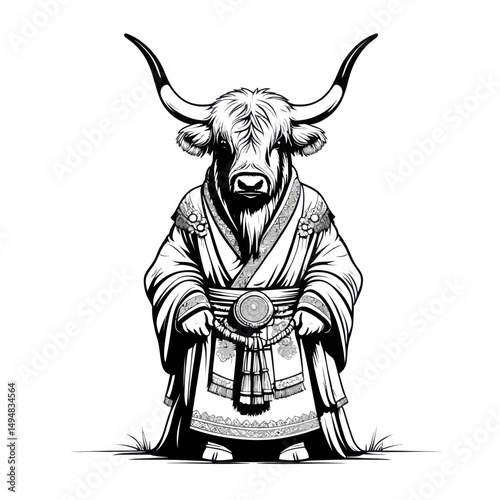 Bull in kimono ink drawing. Traditional japanese garment, black and white illustration