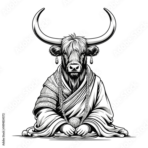 Meditating yak monk illustration. Sitting animal in traditional clothes and with jewelry. Black and white sketch of spiritual creature