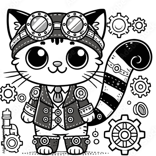 Line art drawing of cat in steampunk costume. Cute feline in vest, hat, glasses and gears around