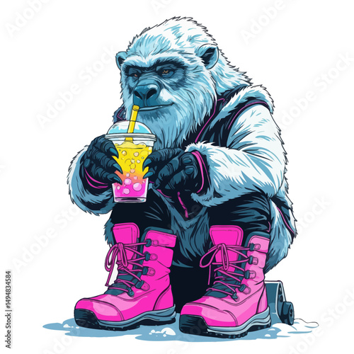 Yeti drinking Boba tea. Cartoon white hairy ape wearing modern winter clothes. Creature with smoothie and pink boots.
