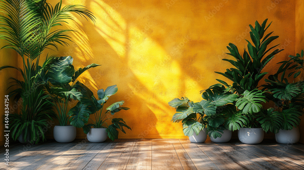 Obraz premium contemporary room with white ornamental plants against vibrant yellow wall