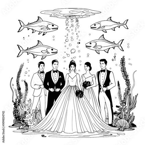Underwater Wedding Party Line Art. Bride with groom and bridesmaids with best man. Fish, seaweeds and bubbles.