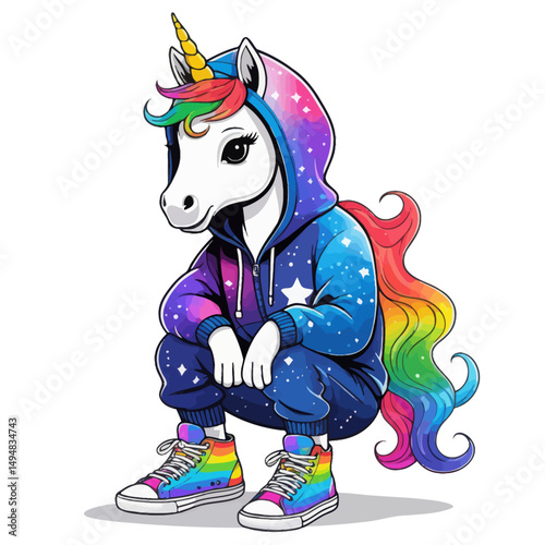 Cool unicorn in space hoodie and rainbow sneakers. Cartoon illustration on white background