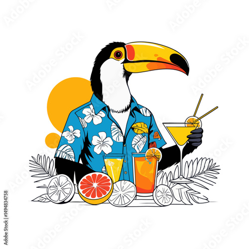 Toucan with cocktail. bird wearing hawaiian shirt near fresh citrus fruits and tropical leaves