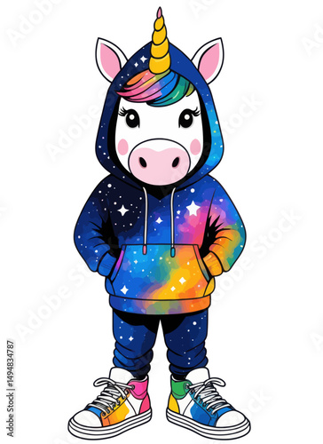 Cute Unicorn Cartoon Character Wearing Hoodie. isolated cartoon unicorn with cosmic design.