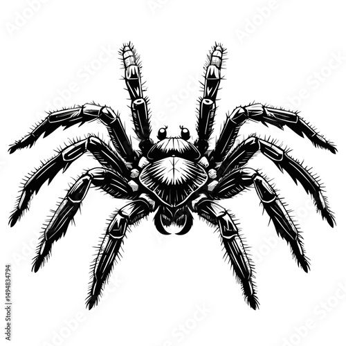 Tarantula Spider Ink Drawing Illustration. black and white hairy animal on white background.