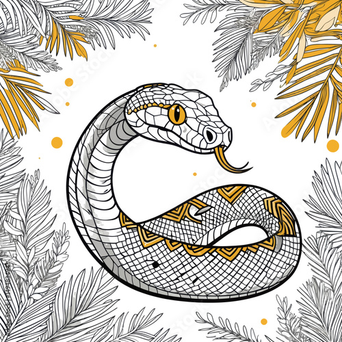 Decorative Snake Illustration with Exotic Leaves. Snake with yellow eye. Hand-drawn snake for print