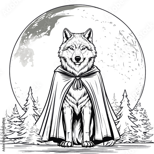 Ink drawing of a werewolf in cloak standing against full moon. Isolated black and white.