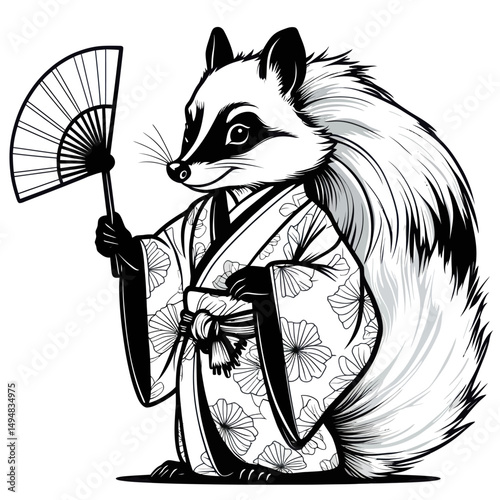 Skunk wearing kimono holding fan monochrome illustration. Animal antropomorphic art.