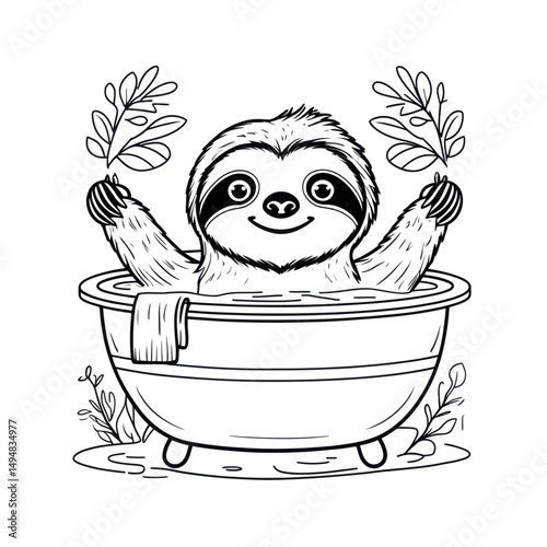 Relaxing Sloth Taking Bath. Outline drawing of cute animal in tub. Spa time concept.