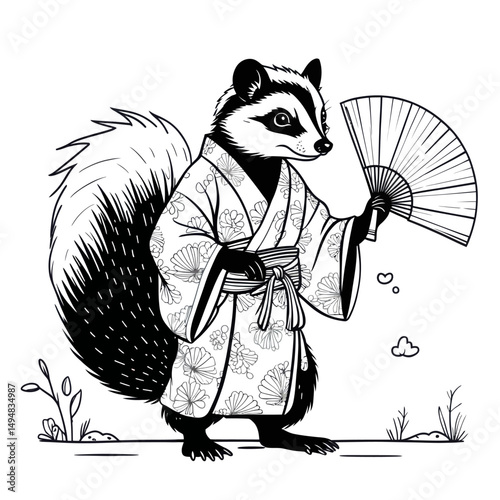 Skunk in kimono holding fan. black and white line drawing of animal wearing traditional japan clothes