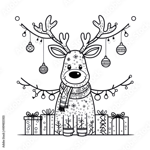 Christmas Reindeer with Gifts and Garland. Doodle illustration of cute animal wearing scarf