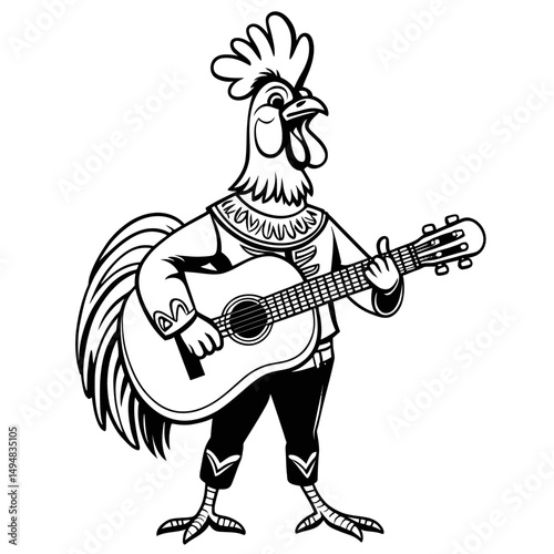 Rooster plays Guitar monochrome. Chicken musician holds string instrument, performing song