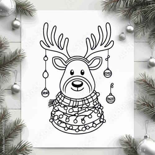 Reindeer with Scarf and Garland. Hand drawn line art for holiday coloring page or greeting card.