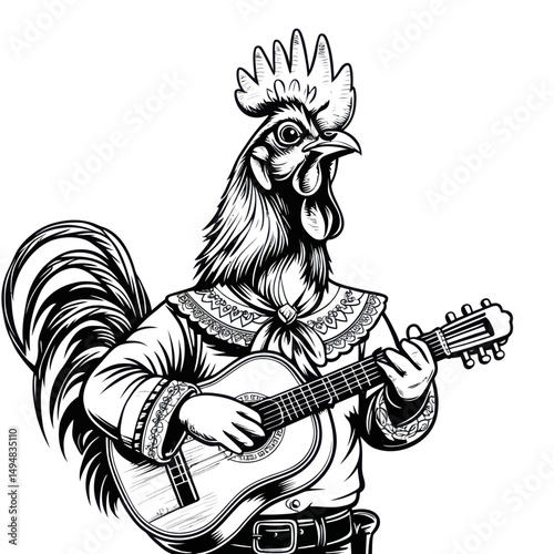 Monochrome rooster plays guitar. rooster wearing clothes. Hand drawn style for musical event or decoration