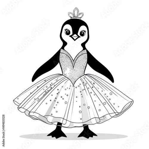 Penguin ballerina illustration. Penguin with crown and tutu. Black and white outline on white background