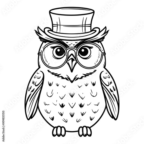 Ink drawing of owl wearing hat and glasses. Bird is standing and looking forward.