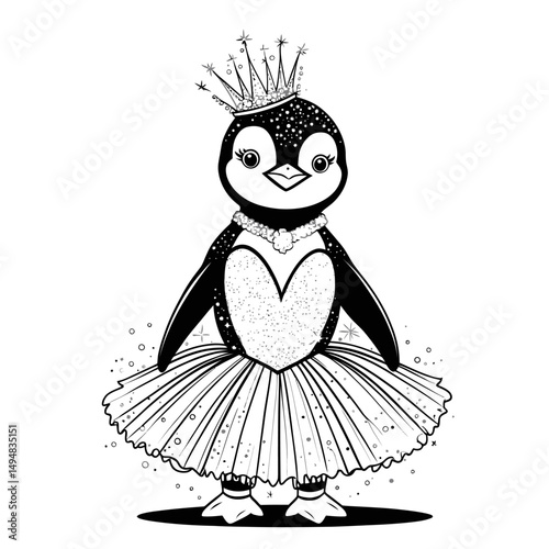 penguin princess illustration in dress. Cute animal wearing crown and necklace. Black and white drawing for kids.
