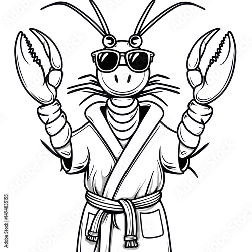 lobster chilling in bathrobe wearing sunglasses. monochrome comic style. summer vacation concept