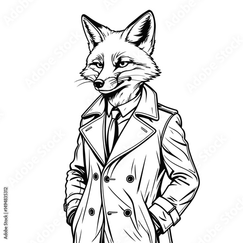 Line art of fox in trench coat. Anthropomorphic fox wearing suit. Mysterious fox character concept.