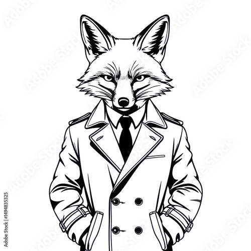 Fox head man wearing coat. Animal in clothes illustration.