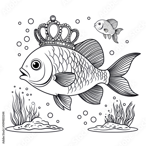 Fish wearing crown. Hand drawn illustration of gold fish and small fish in water with bubbles.