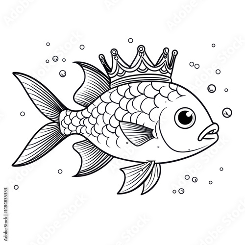 Fish with crown swims in water. King fish line art illustration for coloring book or prints