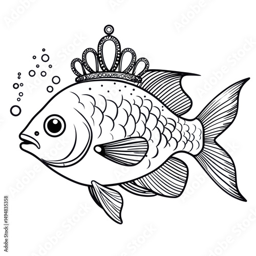 Fish queen illustration in black and white. Pet wearing crown, bubbles around.