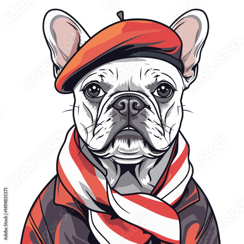 French Bulldog Illustration with Red Beret and Scarf. Dog looks like artist wearing jacket