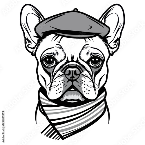 French bulldog portrait. Dog wearing beret and scarf isolated on white background