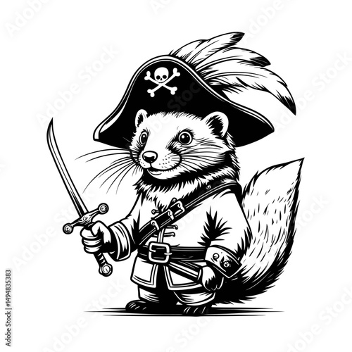 Weasel pirate character illustration. Animal wears pirate hat with skull, holding sword. Fairytale sea adventure.