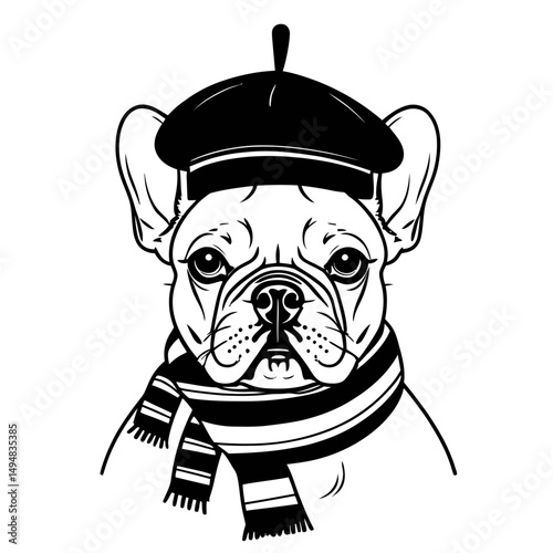 Bulldog Portrait Wearing Beret and Scarf. Graphic drawing of dog dressed in french style, monochrome illustration.
