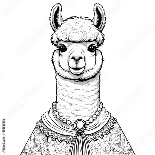 monochrome drawing of llama. llama portrait with necklace and ornamental dress