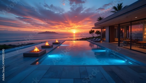 Fototapeta Naklejka Na Ścianę i Meble -  Serene beachfront luxury pool at sunset