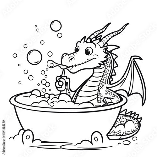 Dragon blowing bubbles in bathtub. Cartoon animal character with wings in bath. Outline illustration for coloring