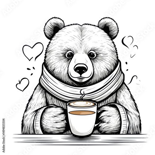 Cute bear drinking coffee sketch. Animal wears scarf, hearts around
