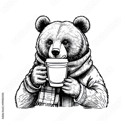 Bear drinking coffee ink drawing. Animal wearing scarf holding cup