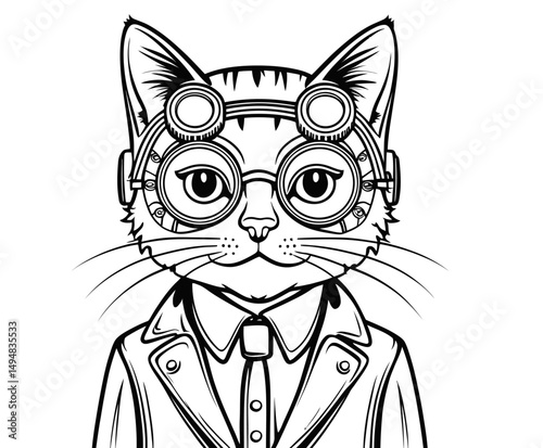 steampunk cat portrait. outline drawing style. cat wearing glasses and suit