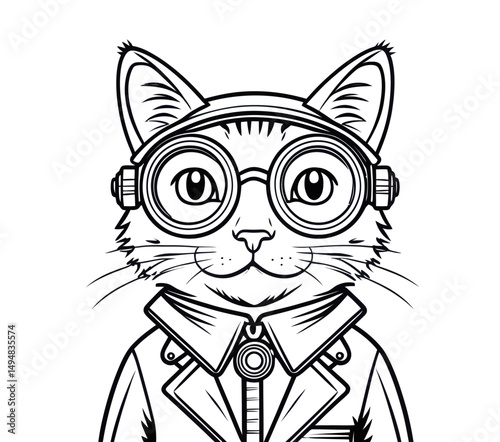 Steampunk Cat Illustration. Cat wearing round glasses and coat in line art style.